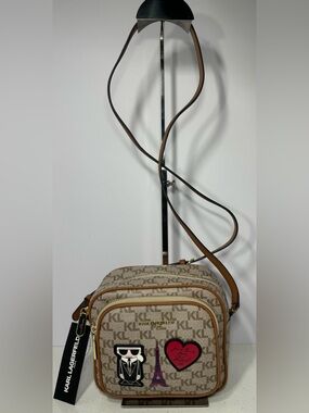 Karl Lagerfeld Paris Signature Patches Beige Crossbody Bag Eiffel Tower